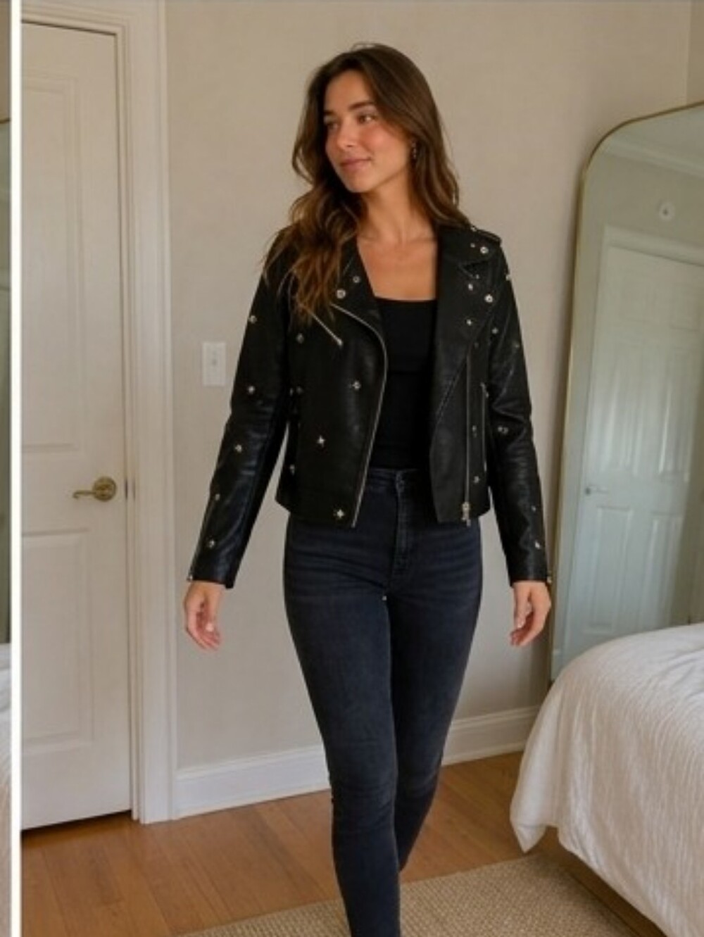 Sugarlips Black Faux Leather Jacket with Star Accents